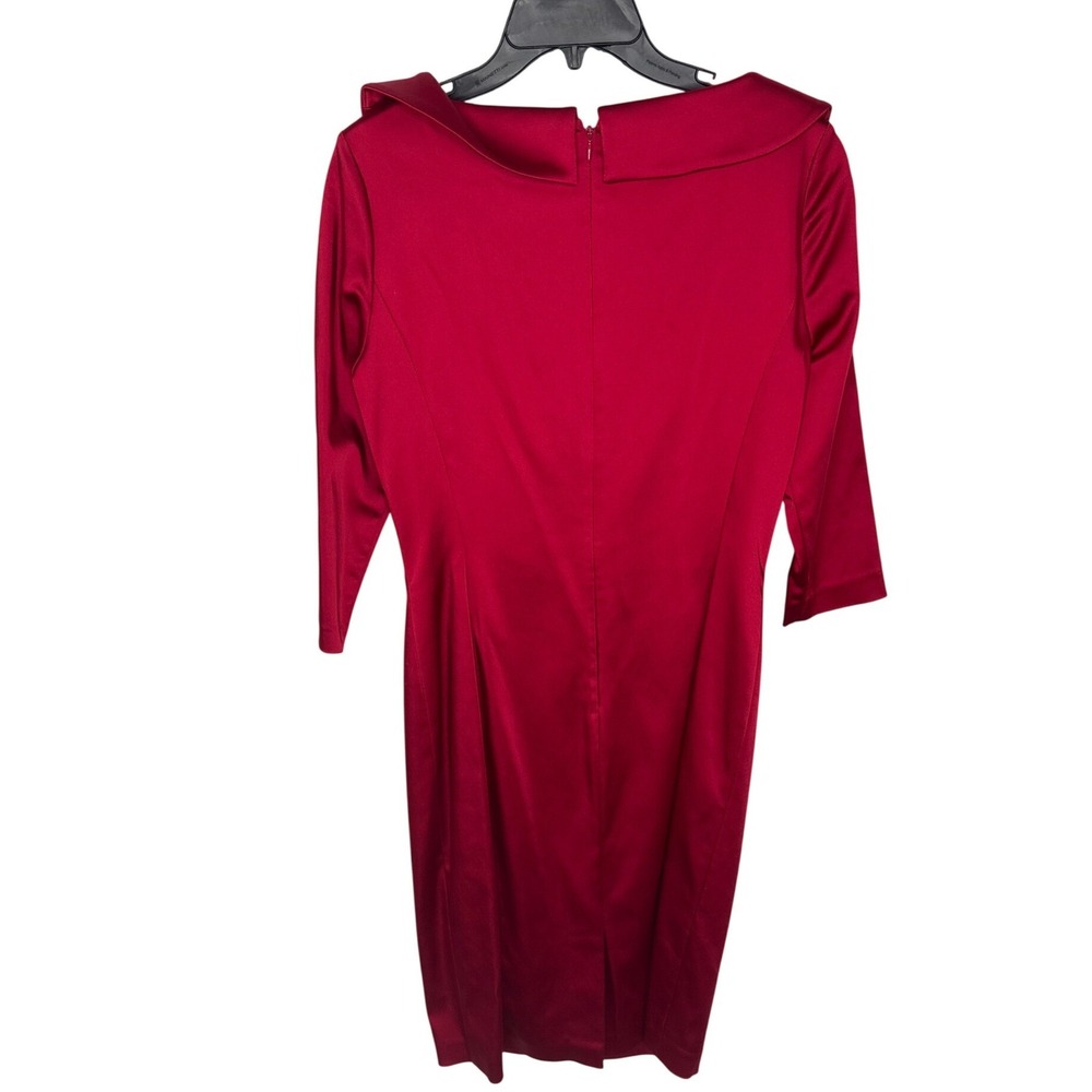Tahari Arthur Levine Red Satin Drape Neck 3/4 Sleeve Sheath Dress Size 8 - Picture 3 of 5